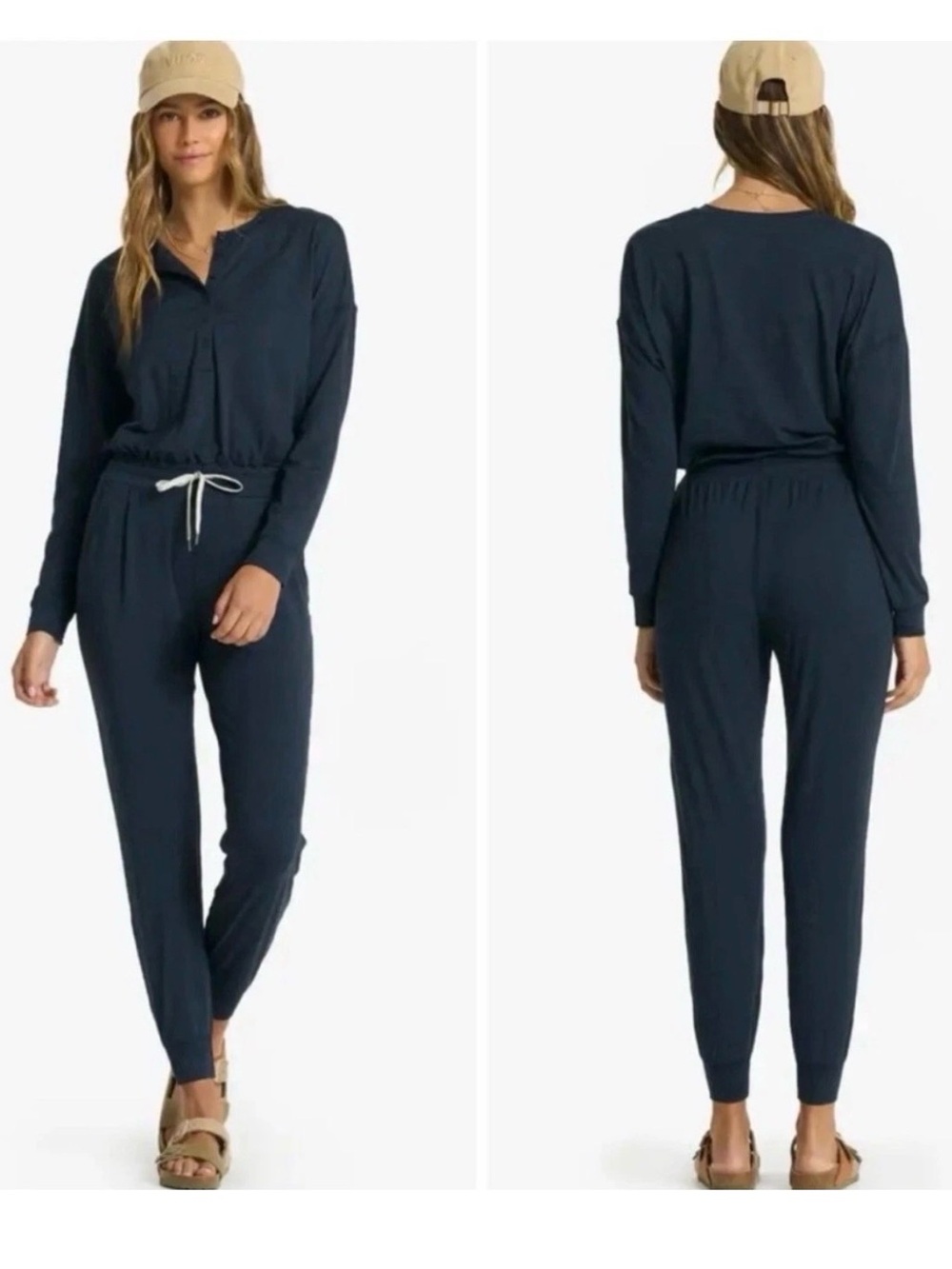 Vuori Lux Henley Long Sleeve Jumpsuit Romper Navy Drawstring Athleisure Cozy